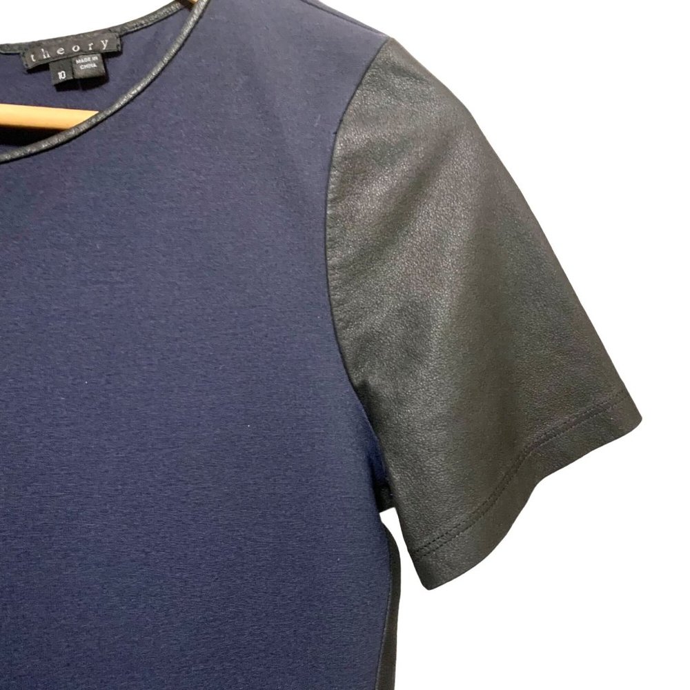 Theory Leilana Leather Trim Shift Dress Womens 10 Navy Blue Black Leather - Picture 4 of 10